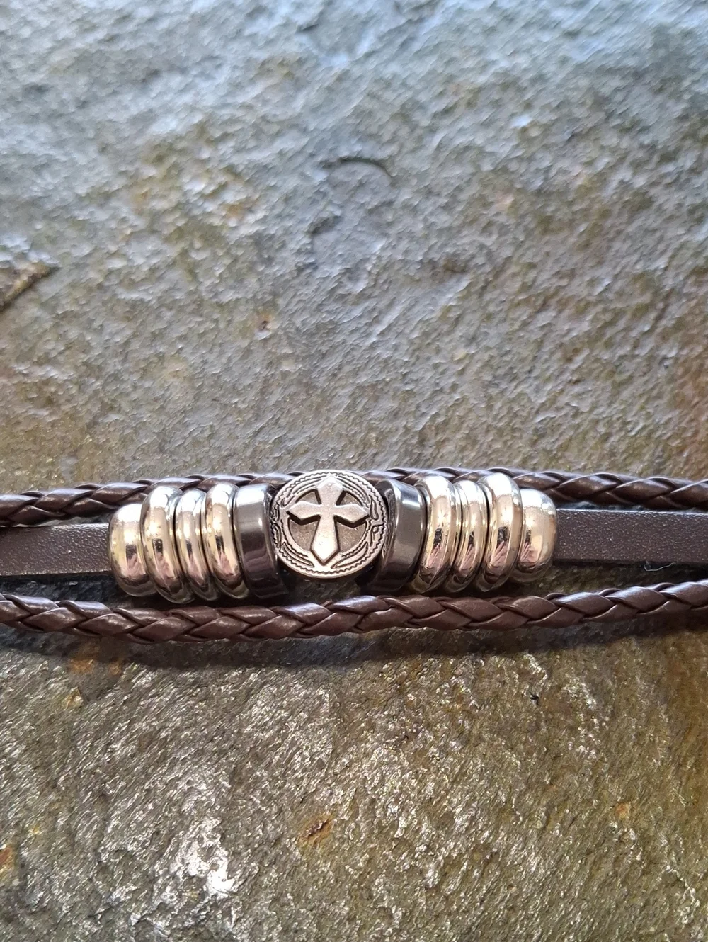 Black Leather Cross Bracelet with Metal Beads